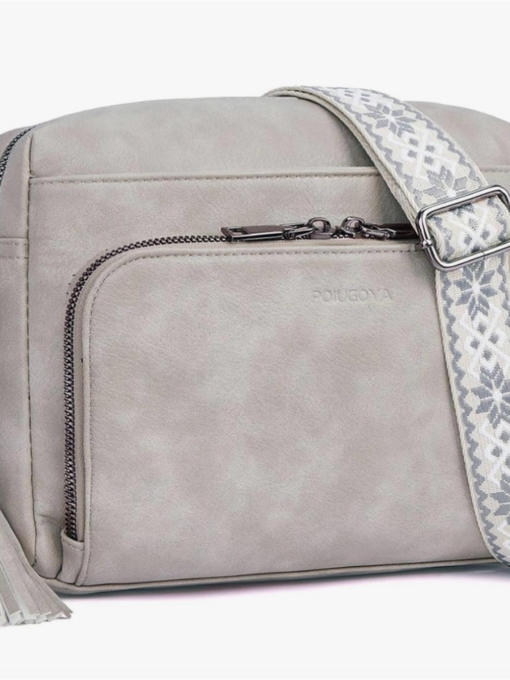 Light Gray Crossbody Bag with Patterned Strap